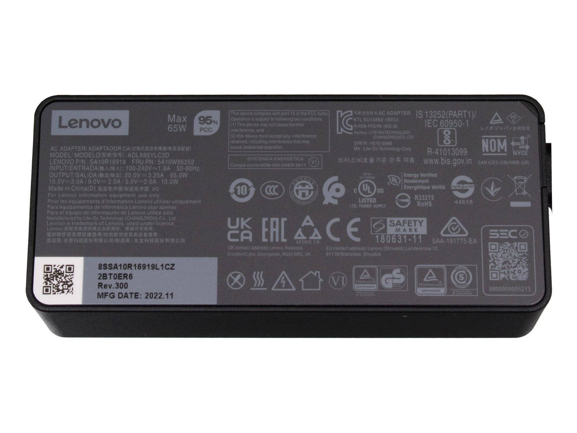 Lenovo Tablet 10 (20L3) original USB-C Bloc d'alimentation 65 Watt, construction normale, Nouveau