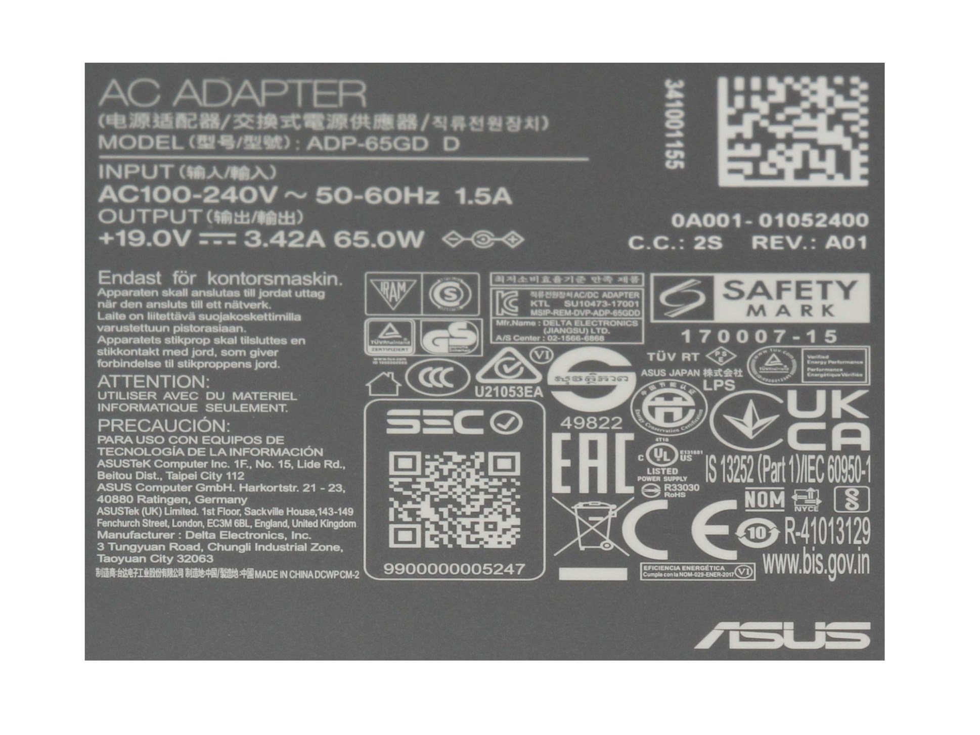 Asus ExpertBook P5 P5340FA Original Netzteil 65,0 Watt kleine Bauform