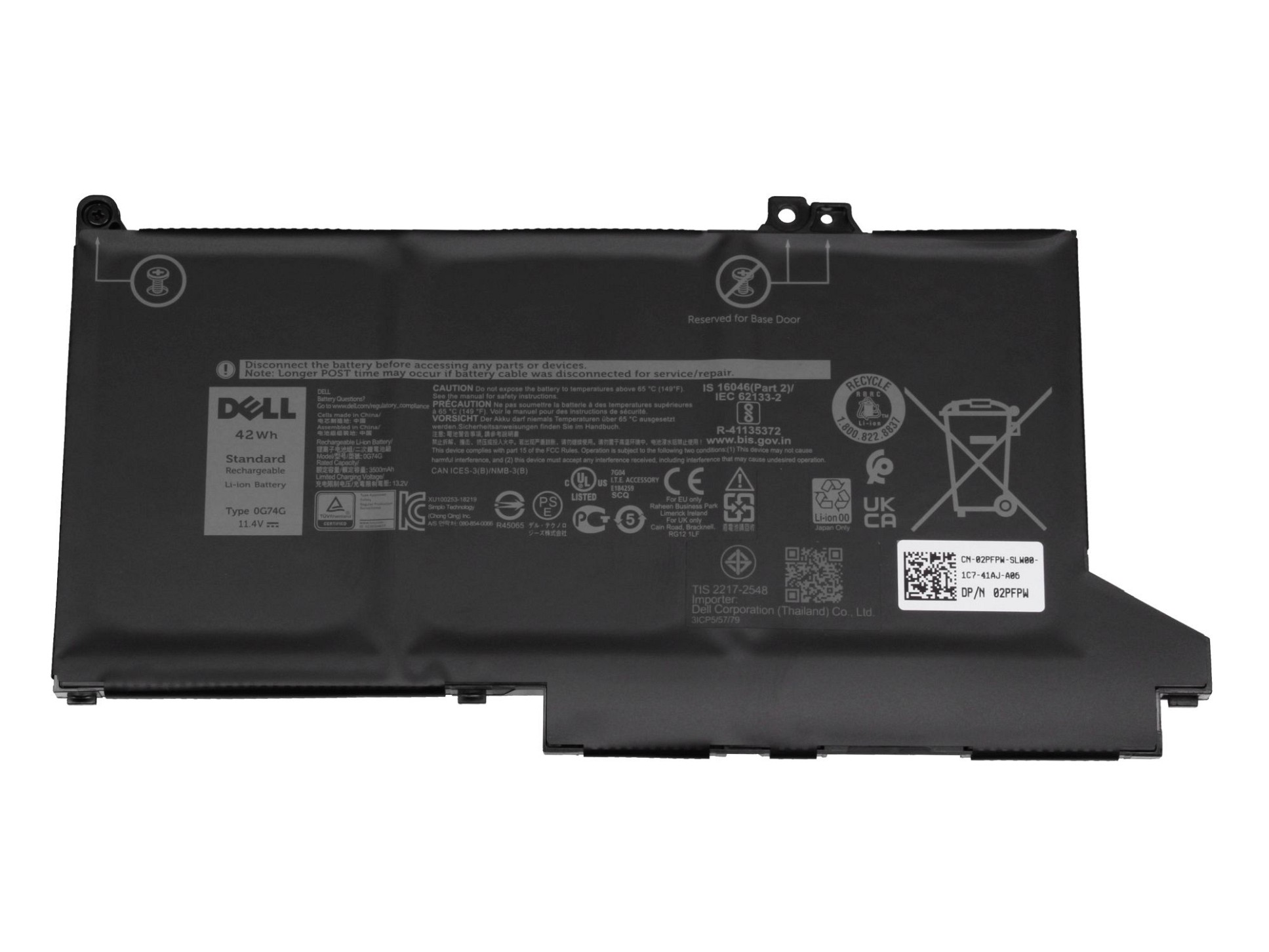 Dell 0G74G original Batterie 42Wh 11,4V (3Cell)